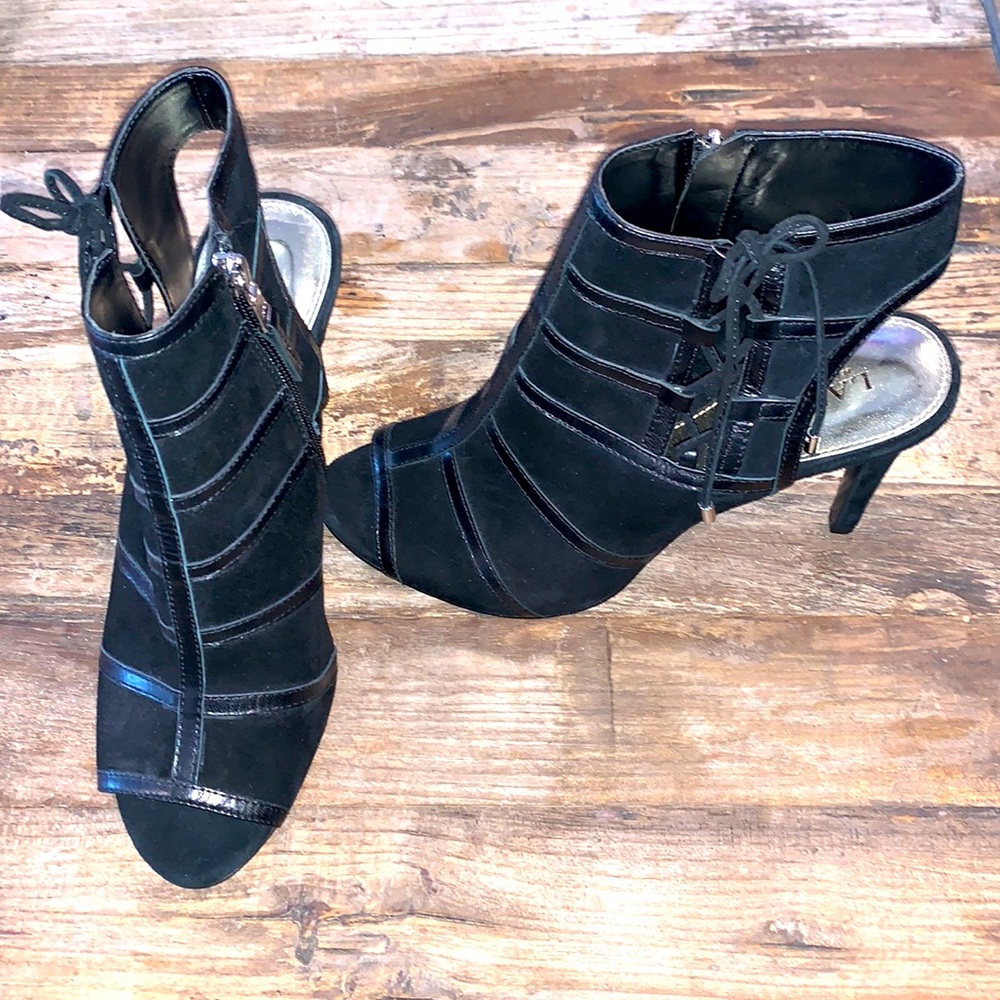NEW Ralph Lauren Peep-Toe Platform Suede Pumps Black Suede & Leather Size 9 NWOB